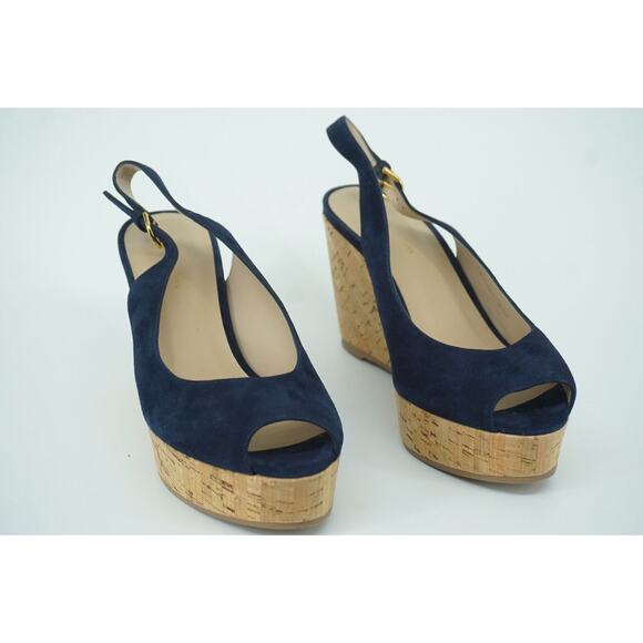Stuart Weitzman Jean Blue Suede Slingback Cork Wedge Heel Sandal SZ 11 New - Picture 4 of 9